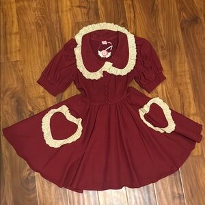 NEW burgundy babydoll dress with ivory lace heart pockets and collar size small